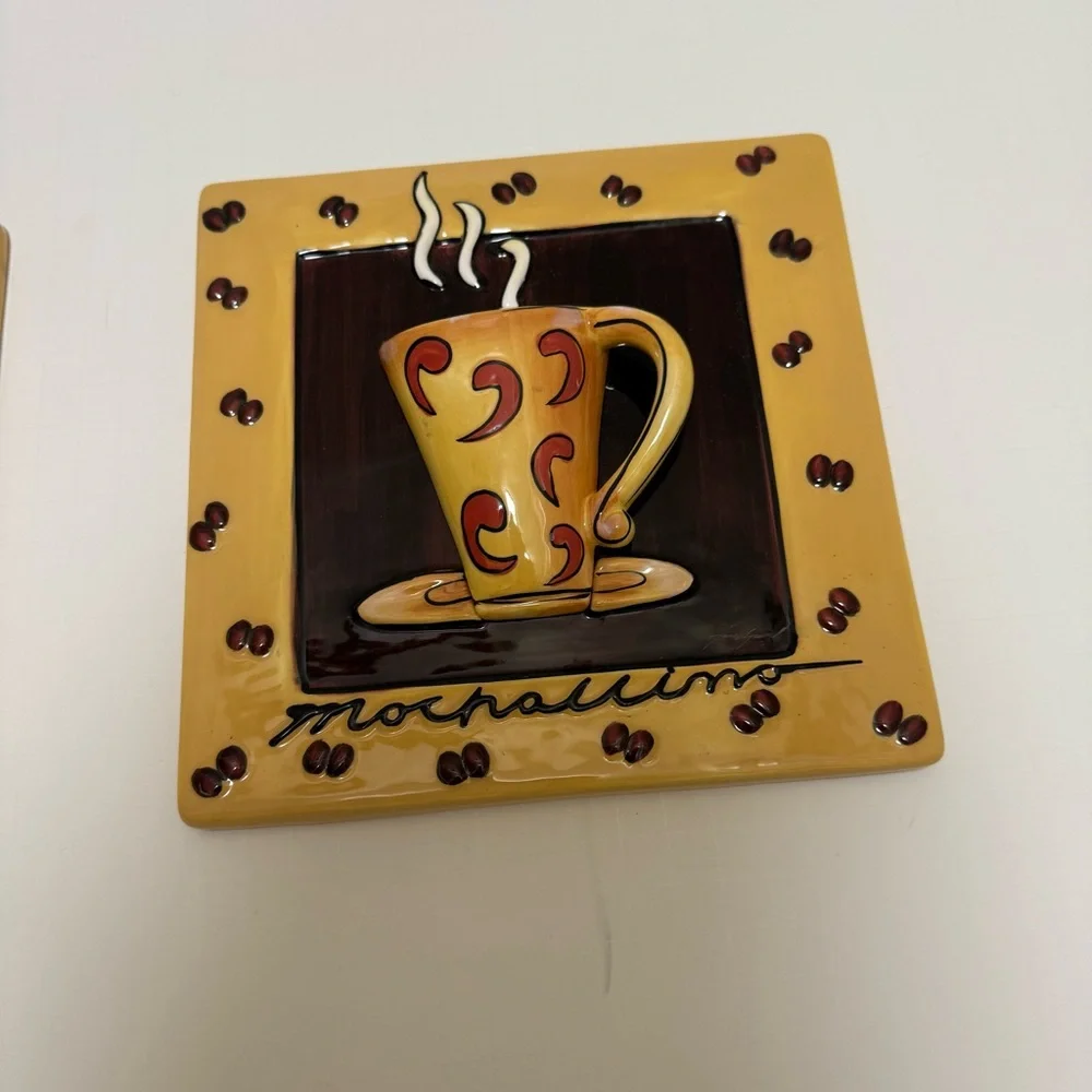 Vntg Porcelain Wall Decor Coffee Bistro Theme Set Of 2 Raised Design Mochaccina